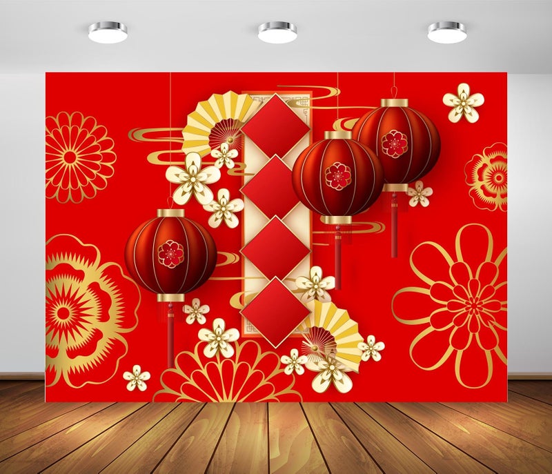 BELECO Chinese New Year Backdrop - 7x5ft Red Lanterns Flowers Asian Spring Festival Decorations Party Banner Photo Booth Studio Props - Image 1