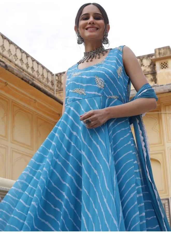AKS Blue Leheriya Print Anarkali Pant With Dupatta