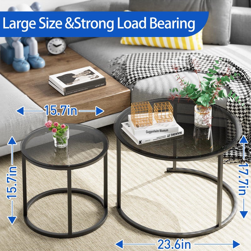aboxoo Nesting Coffee Table Grey Glass Table Set of 2, Small Round Glass Nesting Tables for Living Room Bedroom, Accent Tea Table with Metal Frame Modern Industrial Simple - Image 2