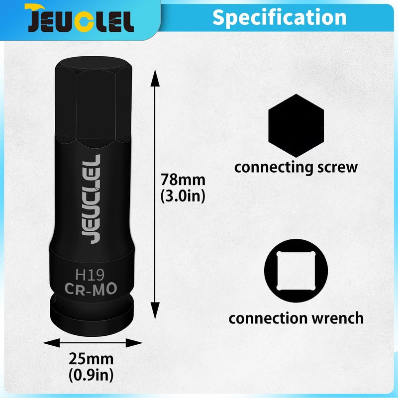 JEUCLEL 19mm Hex Impact Bit Socket, H19 1/2-Inch Impact Drive Allen Socket, Cr-Mo Steel Lengthen Hex Screwdriver Adapter for Electric Ratchet Wrenches Fastening Screws - Image 2