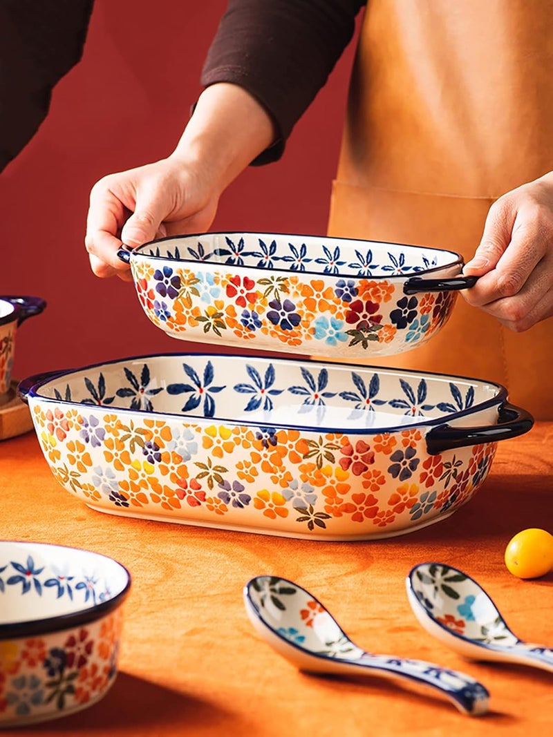 Bicuzat Colorful Cherry Blossom Flowers Vintage Style Ceramic Bakeware Dish Casserole Dish Baking Pan Lasagna Pans with Handles for Oven/Cooking/Kitchen, 1 PCS, 60 oz - Image 3
