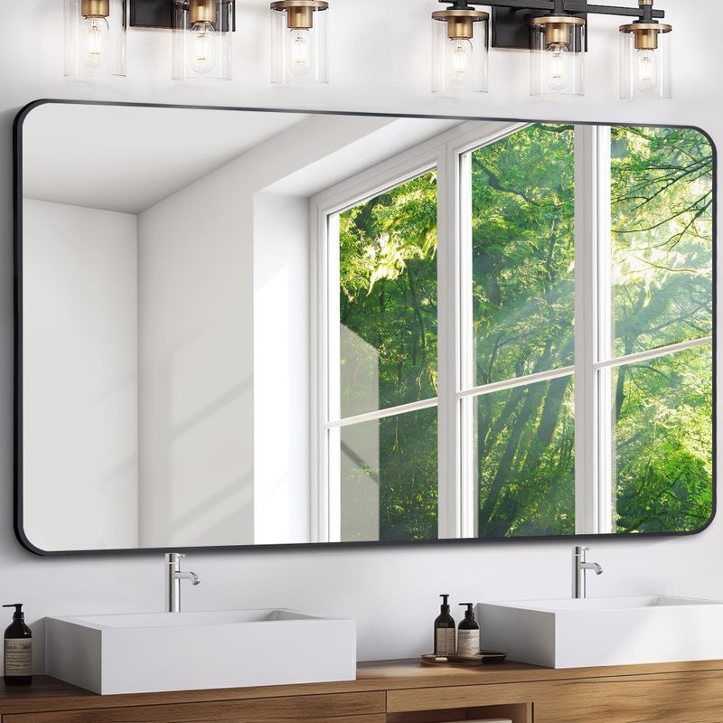 مرآة حمام كبيرة FORBATH 36 × 55 بوصة إطار ألمنيوم أسود مرآة حائطية ذات زوايا مدورة مرآة عصرية للحمام وغرفة النوم ومدخل المنزل وغرفة المعيشة