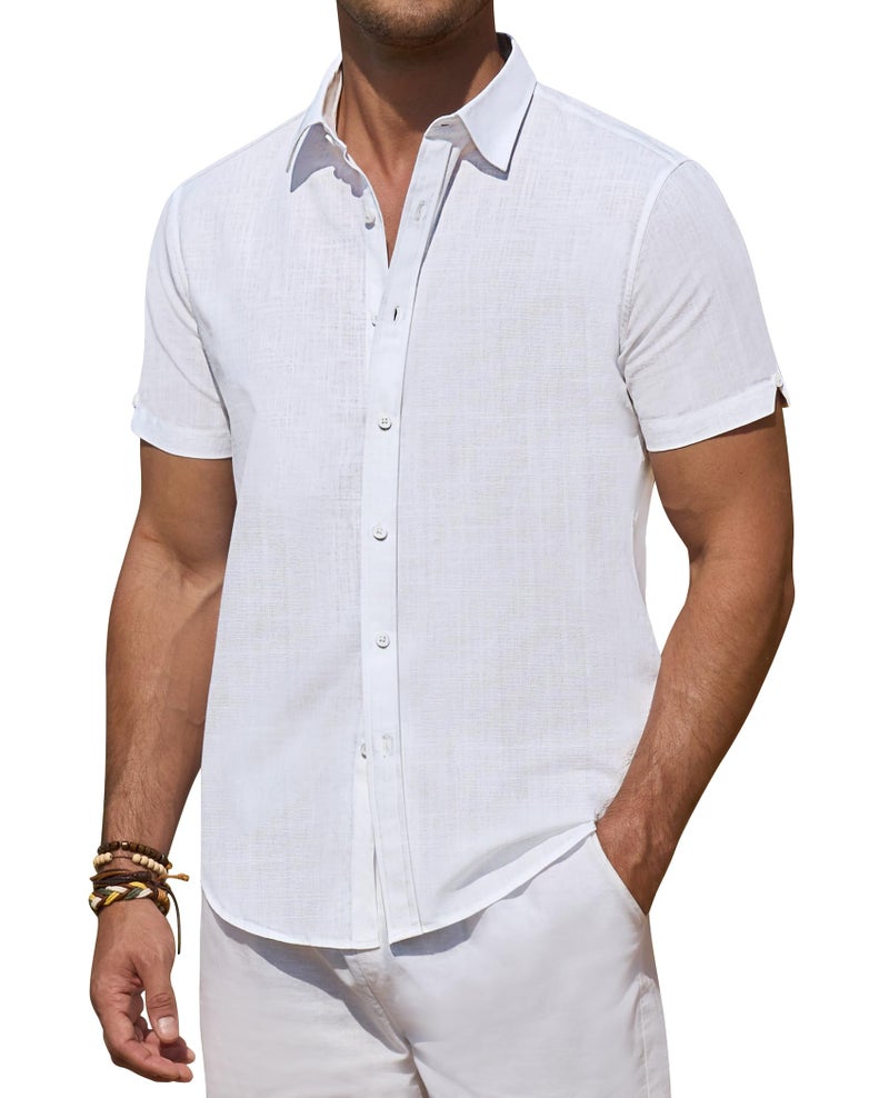 DEMEANOR White Linen Shirts for Men Short Sleeve Button Down Shirts Summer Beach Casual Linen Button Up Shirt Vacation - Image 1