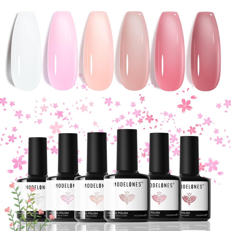 modelones Gel Nail Polish Set, 6 Colors Jelly Gel Polish White Nude Pink Neutral Translucent Nail Polish Soak Off LED Lamp Cured Soapnails Manicure Salon DIY Girl Women Gift - Image 1