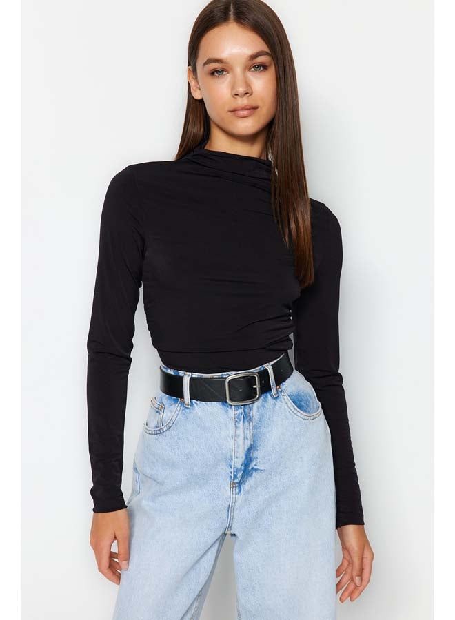 trendyol Black Gather Detailed High Collar Fitted/Long Sleeve Fitted Stretchy Knitted Blouse TWOAW24BZ00018  - Image 2
