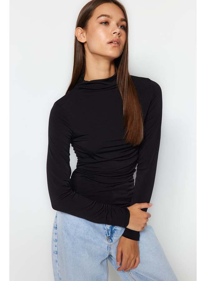 trendyol Black Gather Detailed High Collar Fitted/Long Sleeve Fitted Stretchy Knitted Blouse TWOAW24BZ00018  - Image 3