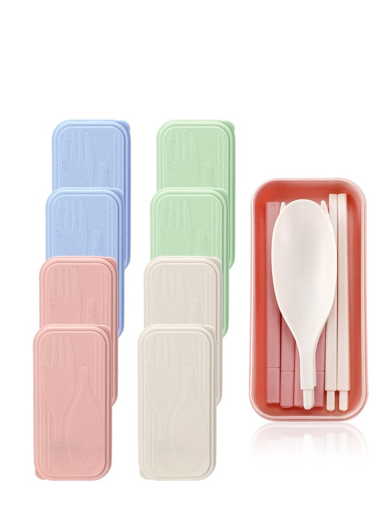 KASTWAVE Travel Utensil Set with Case, Wheat Straw Portable Plastic Collapsible Spoon Chopsticks Forks, Camping Cutlery Lunch Utensils Cutlery Bulk for Kids Adults, 8 Sets, Pink, Green, Blue, Beige - Image 1