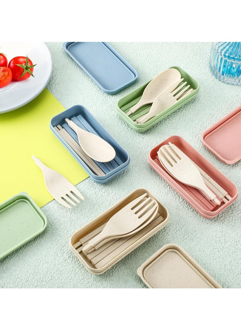 KASTWAVE Travel Utensil Set with Case, Wheat Straw Portable Plastic Collapsible Spoon Chopsticks Forks, Camping Cutlery Lunch Utensils Cutlery Bulk for Kids Adults, 8 Sets, Pink, Green, Blue, Beige - Image 4