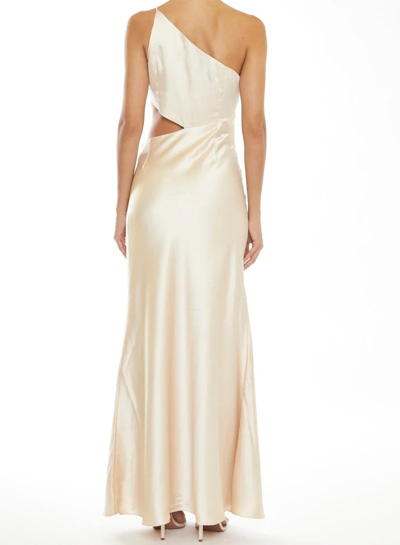 True Decadence Elena Pale-Stone Asymmetric Cut-Out Satin Bridesmaid Maxi-Dress