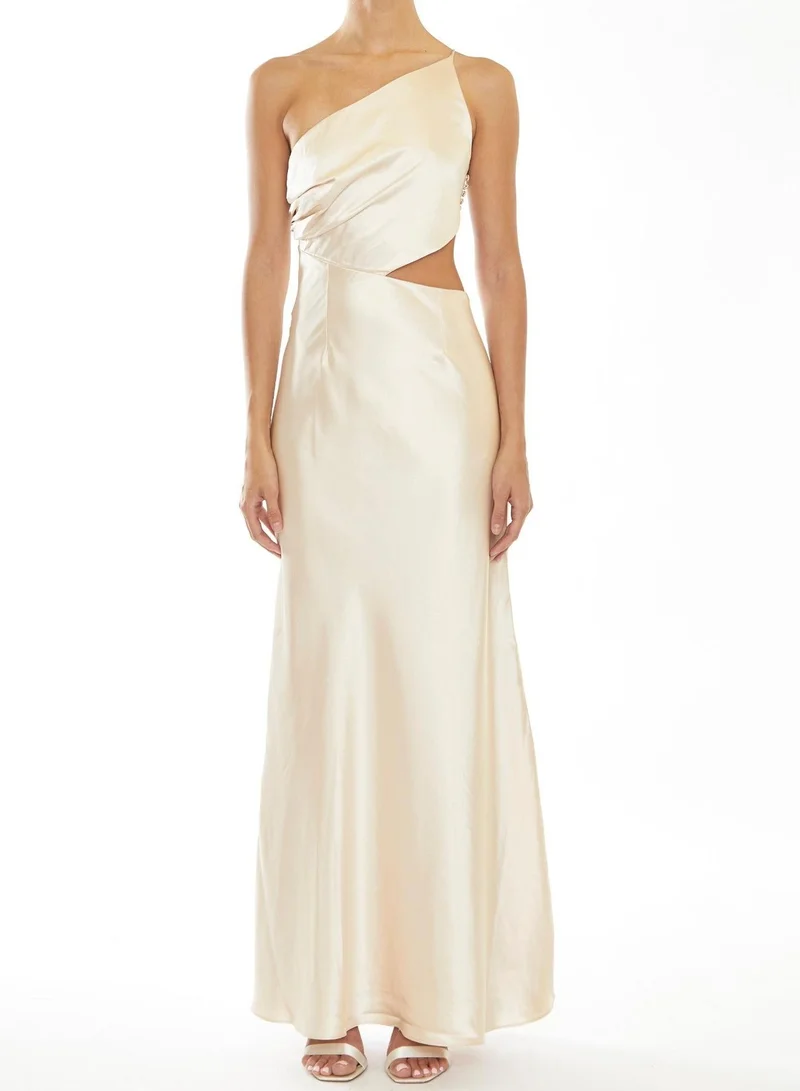 True Decadence Elena Pale-Stone Asymmetric Cut-Out Satin Bridesmaid Maxi-Dress