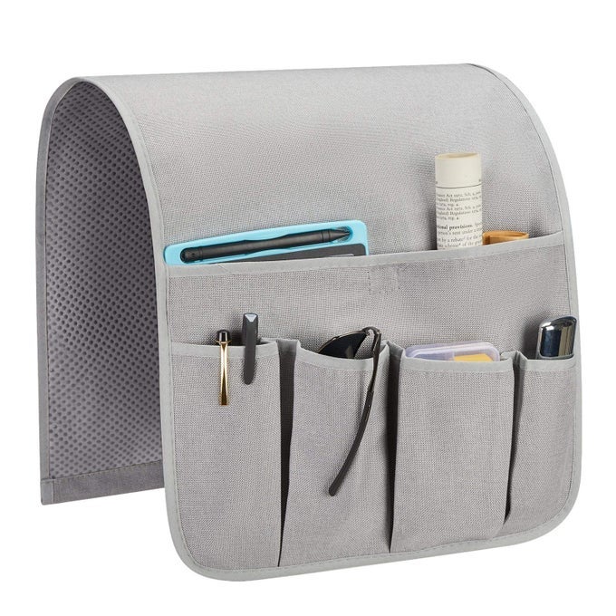 Sofa Armrest Organizer Remote Control Holder for Recliner Couch Arm Chair Caddy with 6 Pockets for Magazine Tablet Phone iPad Silver Gray W13 x L33