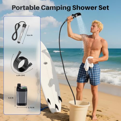 COOLIGO Portable Camping Shower with Heater, 6000mAh Rechargeable Camping Shower with 2000W Immersion Heater, LED Display, Heated Outdoor Shower for Travel, Hiking, Car, Pet - Image 2