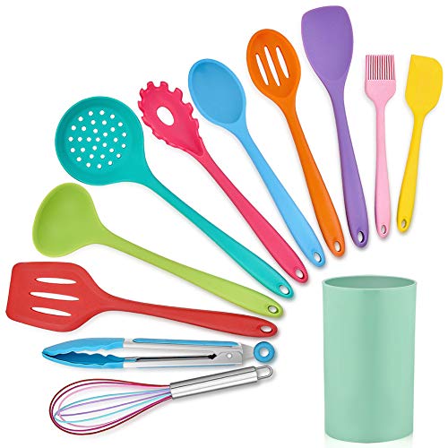 LIANYU 12-Piece Silicone Kitchen Cooking Utensils with Holder, Kitchen Tools Set Include Slotted Spatula Spoon Turner Ladle Tong Whisk, Dishwasher Safe, Multi Colored - Image 1