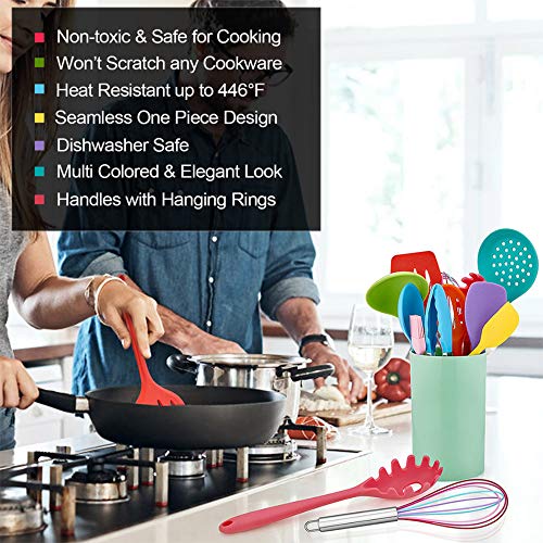 LIANYU 12-Piece Silicone Kitchen Cooking Utensils with Holder, Kitchen Tools Set Include Slotted Spatula Spoon Turner Ladle Tong Whisk, Dishwasher Safe, Multi Colored - Image 3