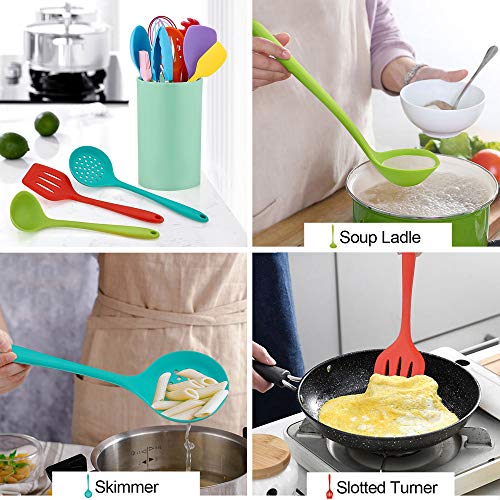 LIANYU 12-Piece Silicone Kitchen Cooking Utensils with Holder, Kitchen Tools Set Include Slotted Spatula Spoon Turner Ladle Tong Whisk, Dishwasher Safe, Multi Colored - Image 4