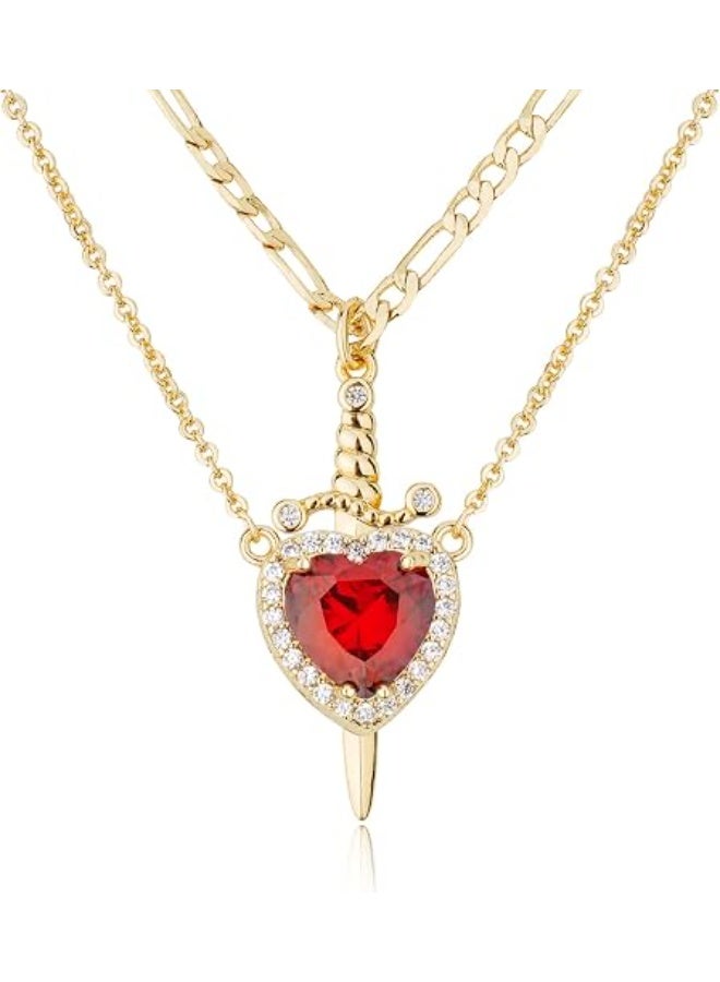 Shein Gold Layered Necklace Set — Red Ruby Heart Zircon Pendant + Gold Sword Dagger Necklace | 14K Gold Plated Edgy Romantic Statement Jewelry Set | Cuban Chain - Image 1