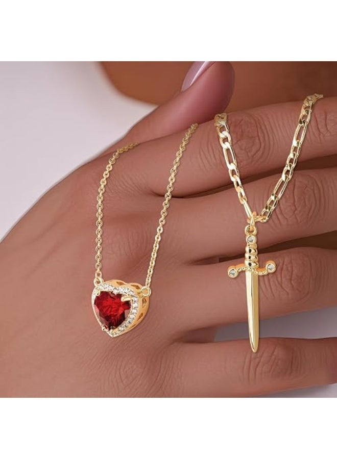 Shein Gold Layered Necklace Set — Red Ruby Heart Zircon Pendant + Gold Sword Dagger Necklace | 14K Gold Plated Edgy Romantic Statement Jewelry Set | Cuban Chain - Image 5
