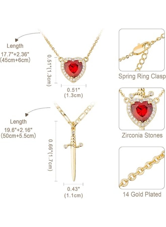 Shein Gold Layered Necklace Set — Red Ruby Heart Zircon Pendant + Gold Sword Dagger Necklace | 14K Gold Plated Edgy Romantic Statement Jewelry Set | Cuban Chain - Image 4