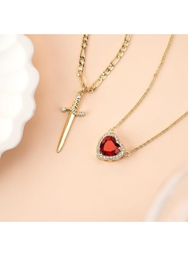 Shein Gold Layered Necklace Set — Red Ruby Heart Zircon Pendant + Gold Sword Dagger Necklace | 14K Gold Plated Edgy Romantic Statement Jewelry Set | Cuban Chain - Image 3