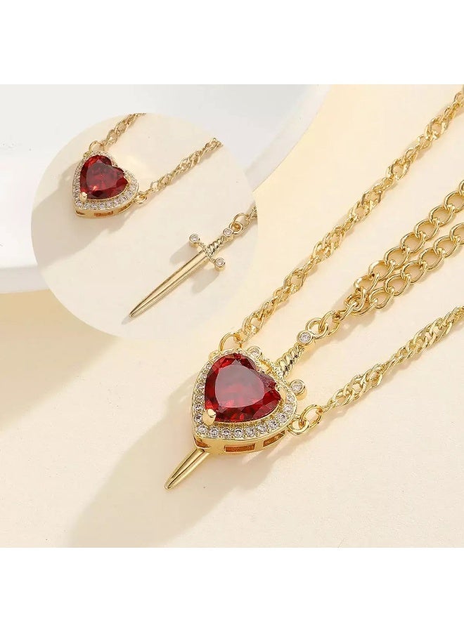 Shein Gold Layered Necklace Set — Red Ruby Heart Zircon Pendant + Gold Sword Dagger Necklace | 14K Gold Plated Edgy Romantic Statement Jewelry Set | Cuban Chain - Image 2