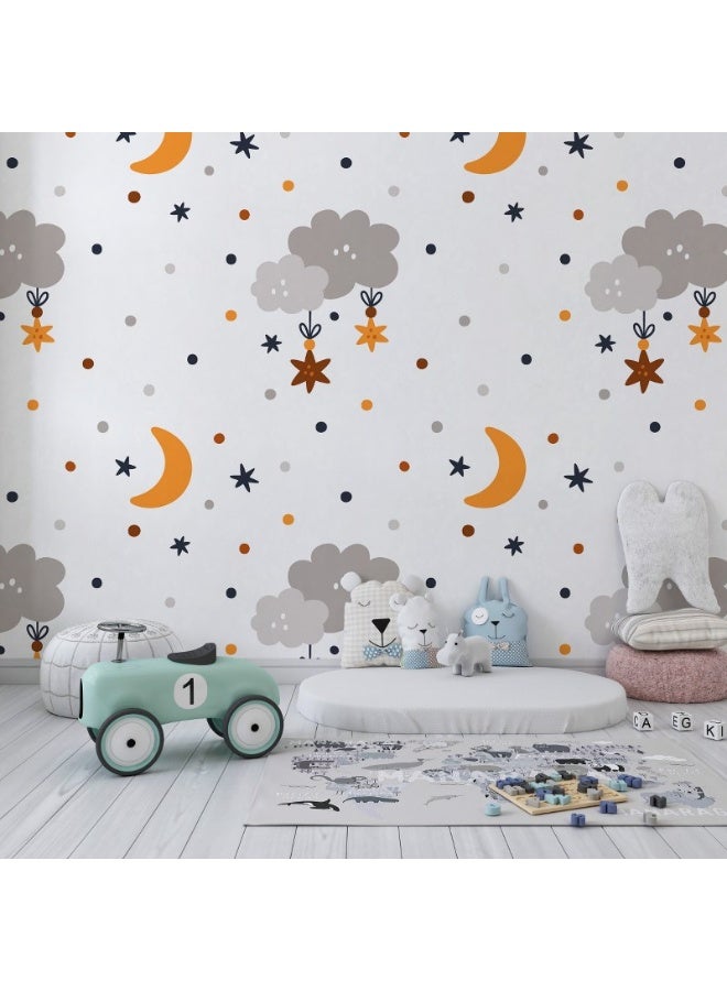 Home Gallery Childish Pattern With Cartoon Clouds, Moons And Stars Fabric Wallpaper Covers An Area ​​Up To 4.2Mx3M With Adhesive  And Smoothing Tool - Image 1