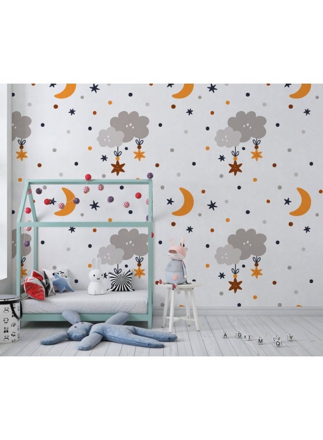 Home Gallery Childish Pattern With Cartoon Clouds, Moons And Stars Fabric Wallpaper Covers An Area ​​Up To 4.2Mx3M With Adhesive  And Smoothing Tool - Image 5
