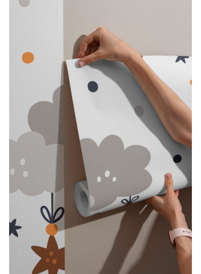 Home Gallery Childish Pattern With Cartoon Clouds, Moons And Stars Fabric Wallpaper Covers An Area ​​Up To 4.2Mx3M With Adhesive  And Smoothing Tool - Image 2