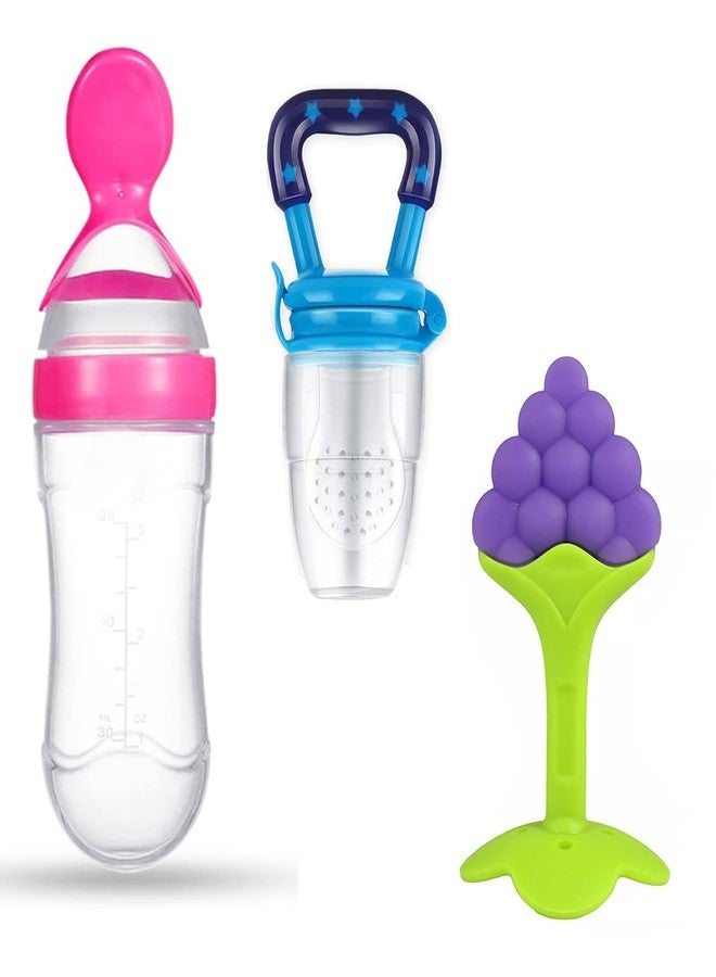 Miracle Moms BPA Free Baby Feeding Spoon Bottle with Silicone Fruit Feeder, Nibbler and Teether, Silicone Pacifier Combo Pack of 3/ Multicolor - Image 1