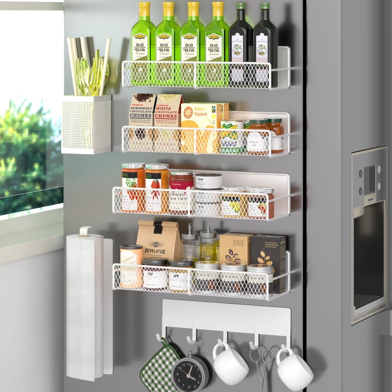 DTUQYX Magnetic Spice Rack for Refrigerator 7 Pack 100 Metal Strong Magnet Shelves Kitchen Spice Organizer W Hook Rack Paper Towel Holder Utensils Caddy Home Laundry Room Storage Organization White - Image 2