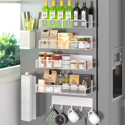 DTUQYX Magnetic Spice Rack for Refrigerator 7 Pack 100 Metal Strong Magnet Shelves Kitchen Spice Organizer W Hook Rack Paper Towel Holder Utensils Caddy Home Laundry Room Storage Organization White - Image 1