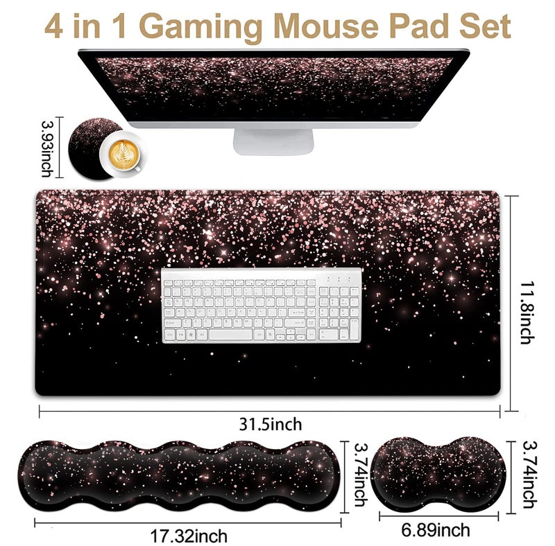 JVGFYNKL Large Gaming Mouse Pad (31.5x11.8 in) Rubber Base XXL Mousepad with Stitched Edges, Ergonomic Keyboard Wrist Rest, Extended Mouse Mat Desk Pad for Work, Game, Office, Rose Gold Glitter Black Mousepad - Image 2