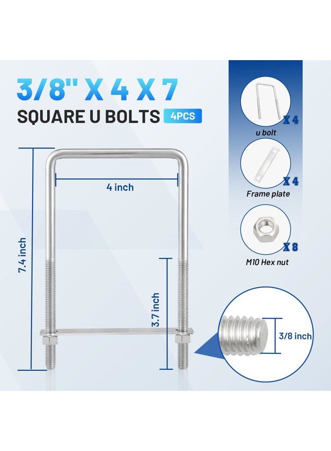 Anina 4Pcs Square U Bolts With Frame Plates And Nuts Stainless Steel U Clamp Screws For Wood, Sailboat Trailers, Pipes, Industrial Supplies 3/8'' X 4'' X 7'' Thread - Image 2