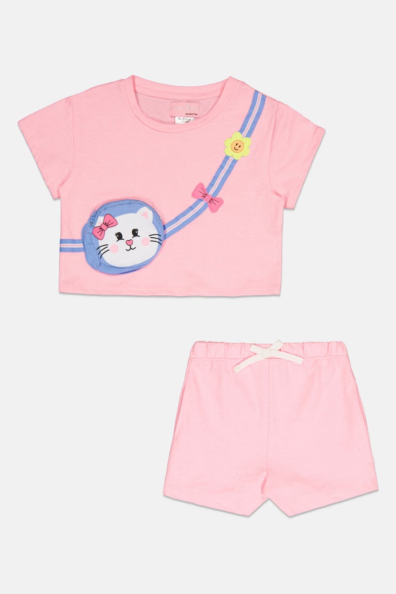 Freestyle طقم تي شيرت وشورت للبنات مكون من 2 قطعة مع حقيبة بسحاب، وردي - Image 3