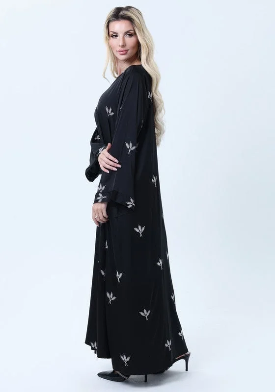 MSquare Fashion Black Silk Abaya with Silver Embroidered Motifs & Matching Headscarf