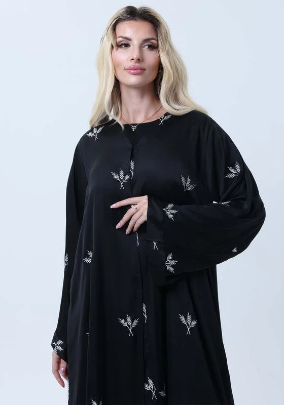 MSquare Fashion Black Silk Abaya with Silver Embroidered Motifs & Matching Headscarf