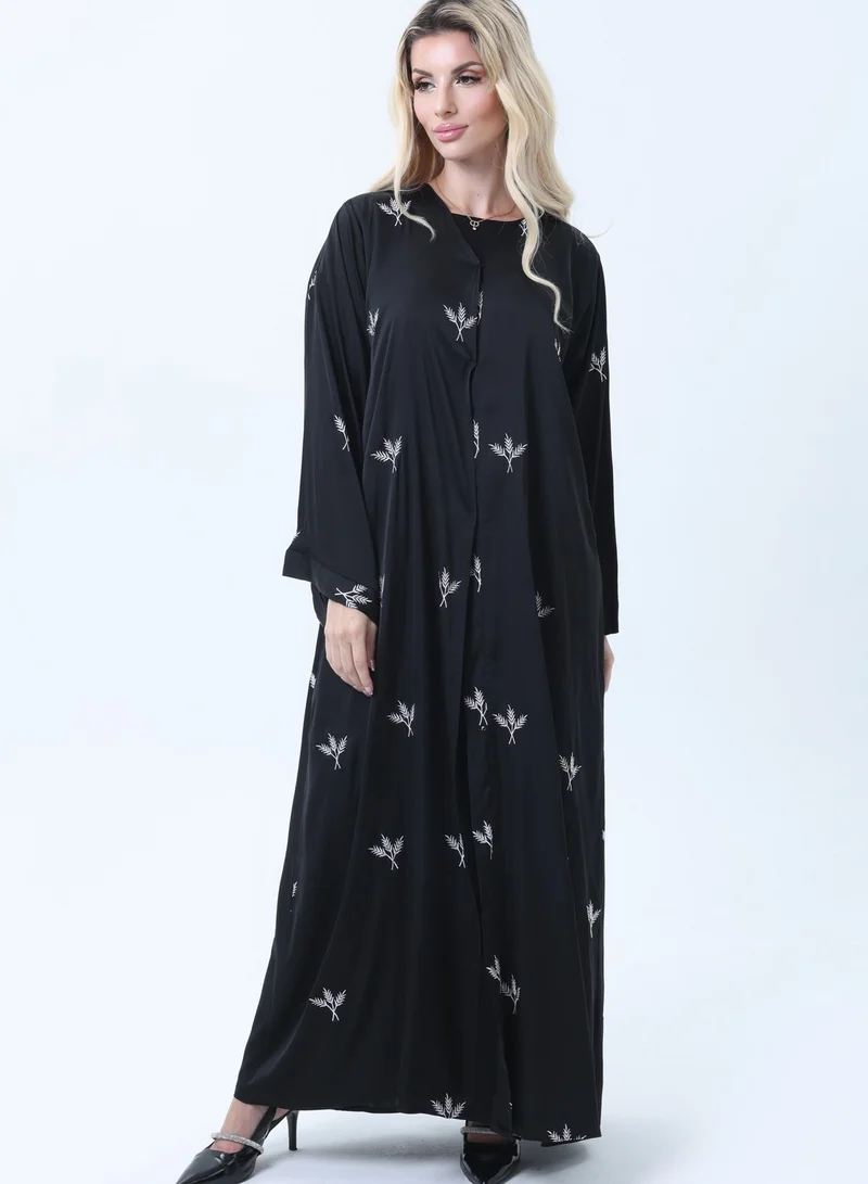 MSquare Fashion Black Silk Abaya with Silver Embroidered Motifs & Matching Headscarf