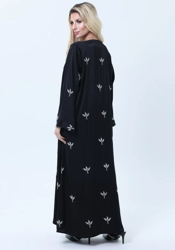 MSquare Fashion Black Silk Abaya with Silver Embroidered Motifs & Matching Headscarf