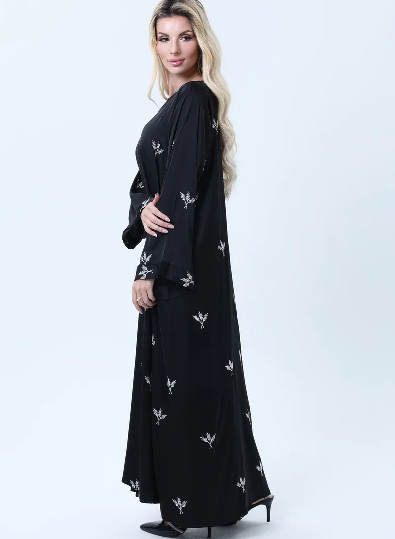 MSquare Fashion Black Silk Abaya with Silver Embroidered Motifs & Matching Headscarf