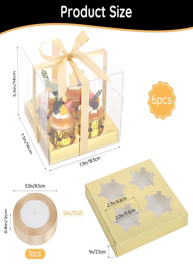 EUSOAR Cupcake Boxes, 6 Pack Rectangle Gold Treat Dessert Wrappers Bakery Pastry Containers 4 Count, Clear Muffins Gift Holder Disposable Mini Cake Carriers Plastic for Wedding Party Favor Supplies - Image 2