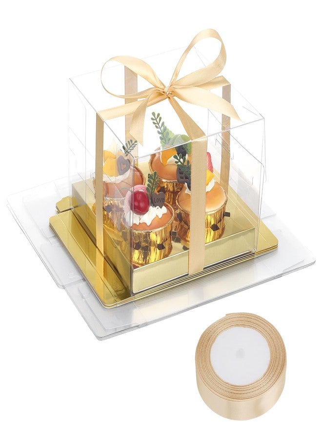 EUSOAR Cupcake Boxes, 6 Pack Rectangle Gold Treat Dessert Wrappers Bakery Pastry Containers 4 Count, Clear Muffins Gift Holder Disposable Mini Cake Carriers Plastic for Wedding Party Favor Supplies - Image 1