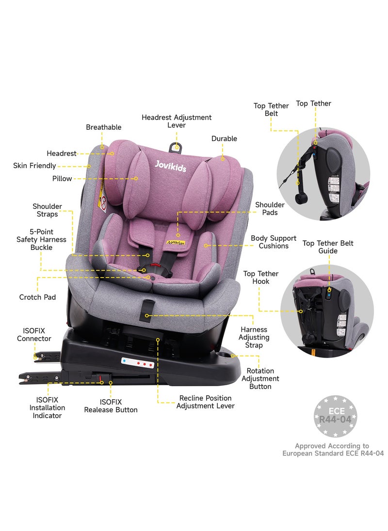 Jovikids - Angela Safety Baby Car Seat with Isofix and Top Tether, 360 Degree Swivel Child Seat, Rotating Carseat for Group 0/1/2/3, 0-12 Years Old, ECE R44/04, Pink - Image 1
