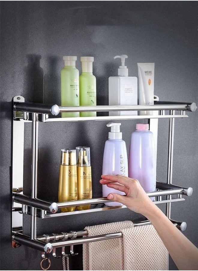 RACK STORE - Bathroom Shelf 3 Tier Wall Mount Rack With Double Layer Towel Holders No Drilling And No Screw Heavy Duty Shelf Shower Caddy - Image 1