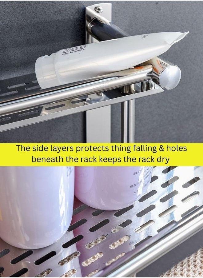 RACK STORE - Bathroom Shelf 3 Tier Wall Mount Rack With Double Layer Towel Holders No Drilling And No Screw Heavy Duty Shelf Shower Caddy - Image 1