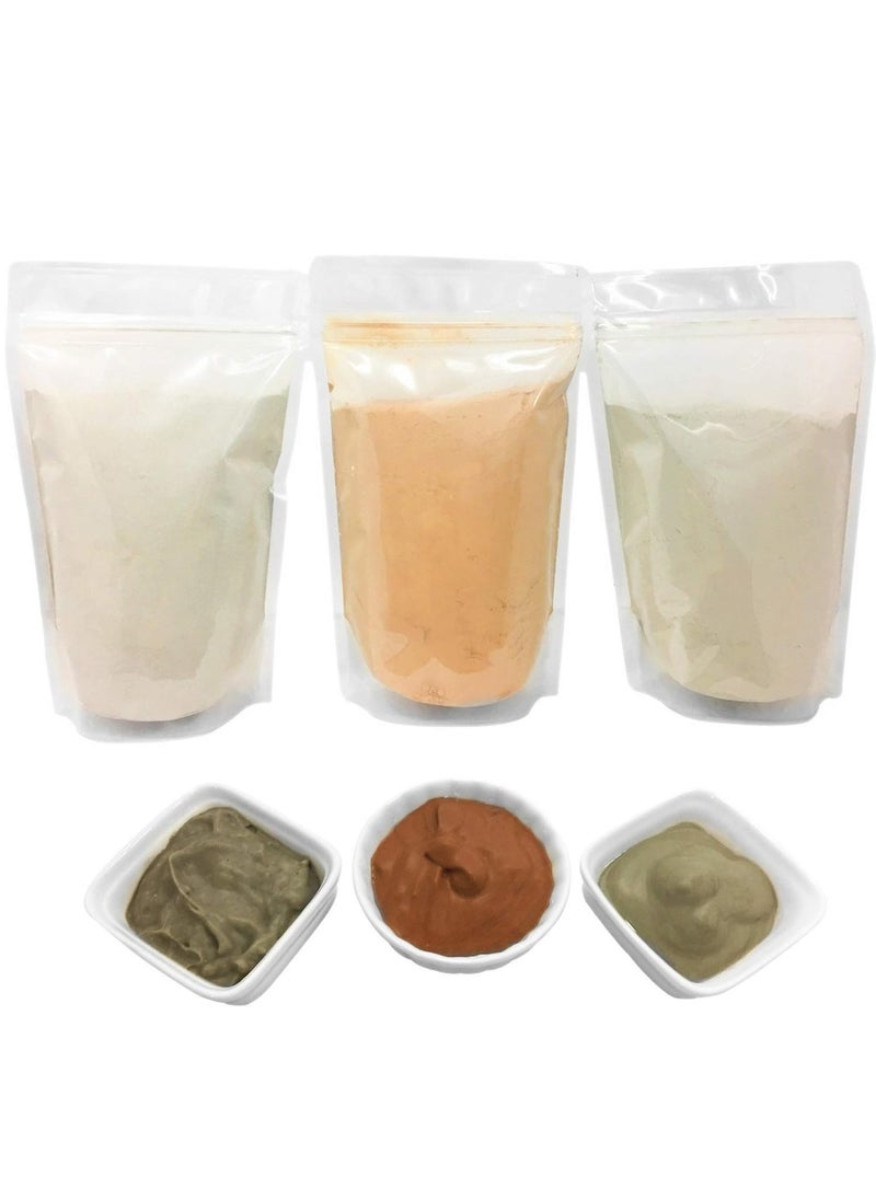 HalalEveryDay Bentonite Indian Healing  Moroccan RedRhassoul  European FrenchGreen Clay Powder  3 Pack  Multipack Set For Making Clay Mud Masks For Skin Hair  Face  by HalalEveryday 