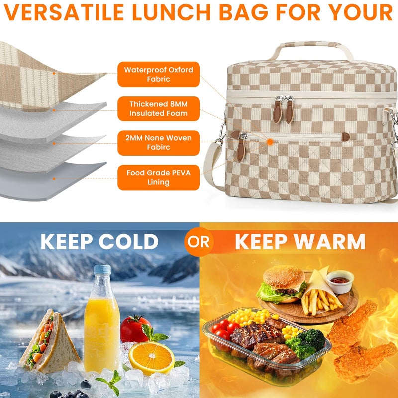 Tenot Insulated Lunch Box for Women Reusable, Leak Proof Cooler Lunch Bag Women for Work Stylish Quilted Lunch Tote Bag for Adult Picnic Travel Hiking Corduroy Checkered Brown - Image 3