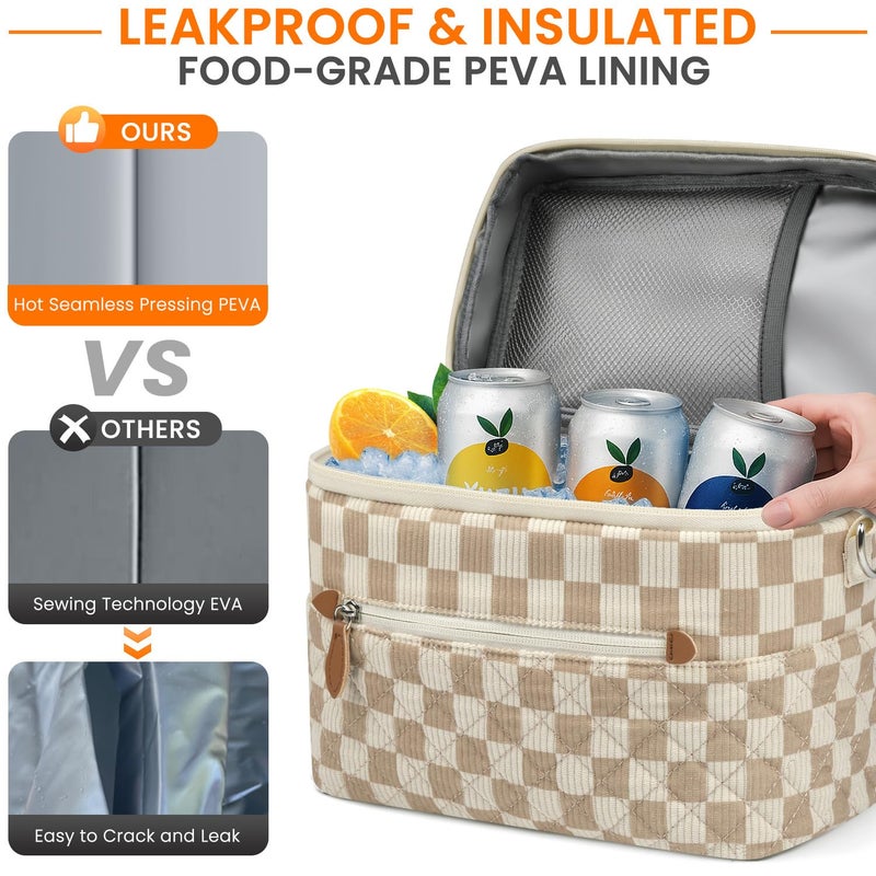 Tenot Insulated Lunch Box for Women Reusable, Leak Proof Cooler Lunch Bag Women for Work Stylish Quilted Lunch Tote Bag for Adult Picnic Travel Hiking Corduroy Checkered Brown - Image 5
