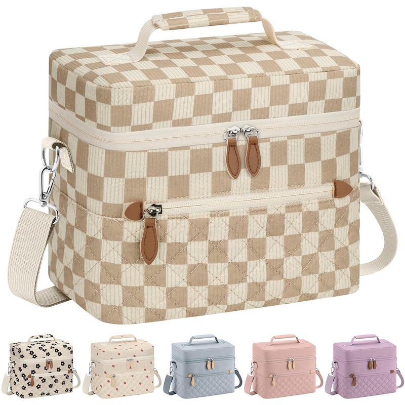 Tenot Insulated Lunch Box for Women Reusable, Leak Proof Cooler Lunch Bag Women for Work Stylish Quilted Lunch Tote Bag for Adult Picnic Travel Hiking Corduroy Checkered Brown - Image 1