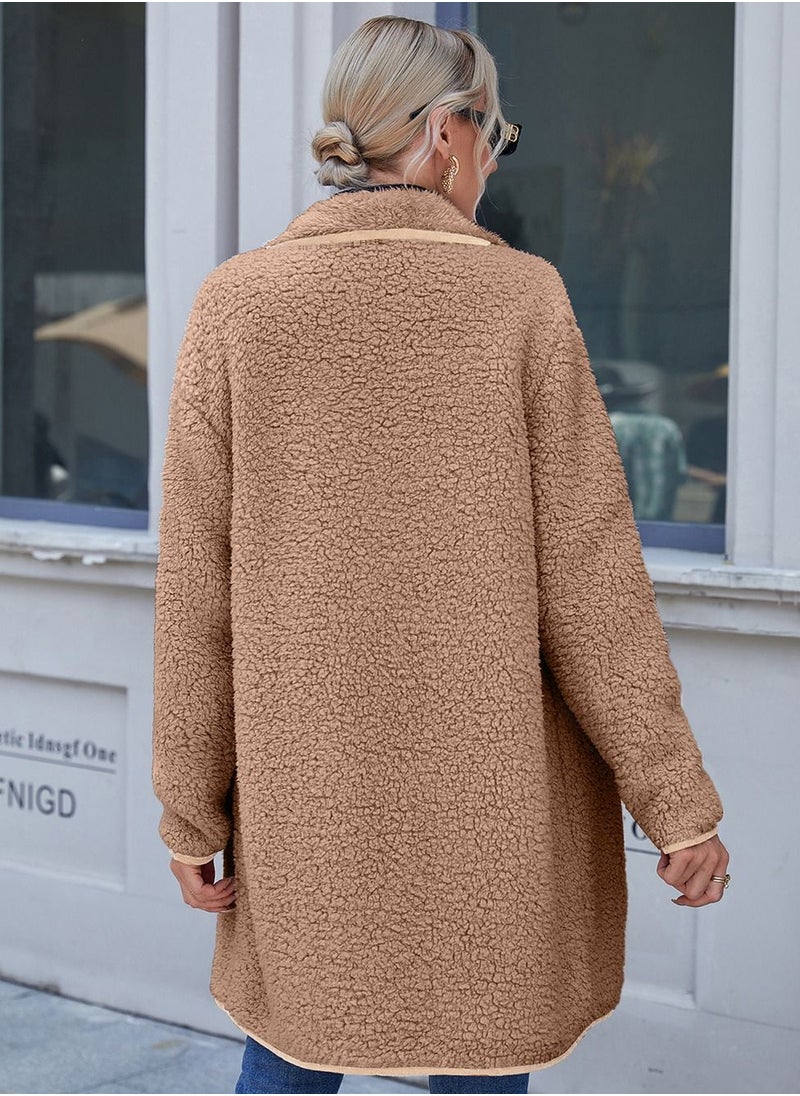 Loquat - Large Lapel Irregular Reversible Plush Coat Brown - Image 1