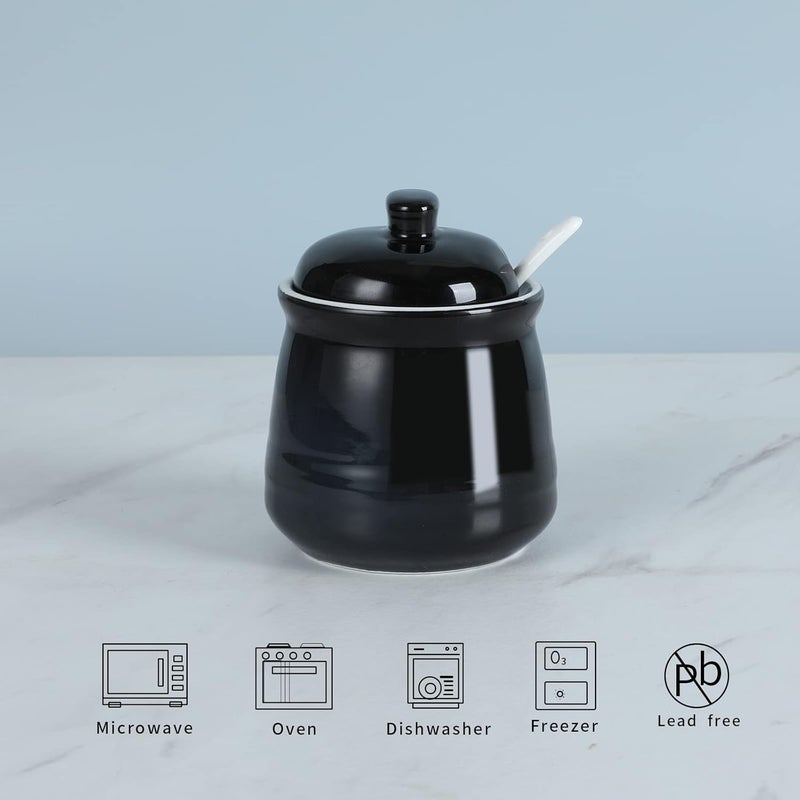 HAOTOP HAOTOP Porcelain Salt Bowl with Lid and SpoonCeramic Sugar Bowl 12oz Black  - Image 3