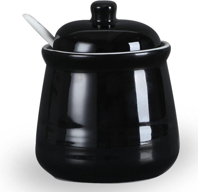 HAOTOP HAOTOP Porcelain Salt Bowl with Lid and SpoonCeramic Sugar Bowl 12oz Black  - Image 1